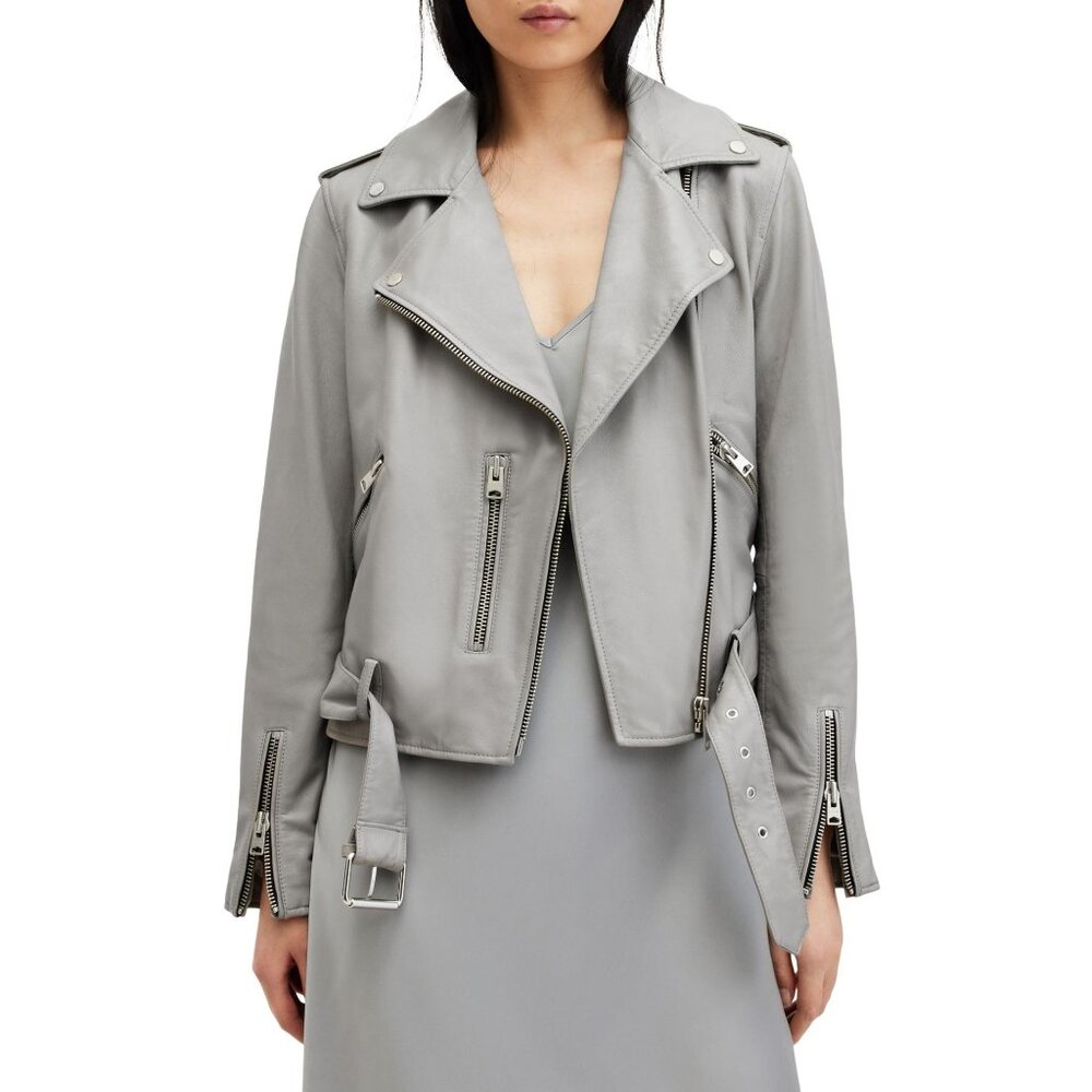 🆕 ALL SAINTS Balfern Soft Leather Zip Biker Jacket Light Gray 2 - Picture 3 of 15